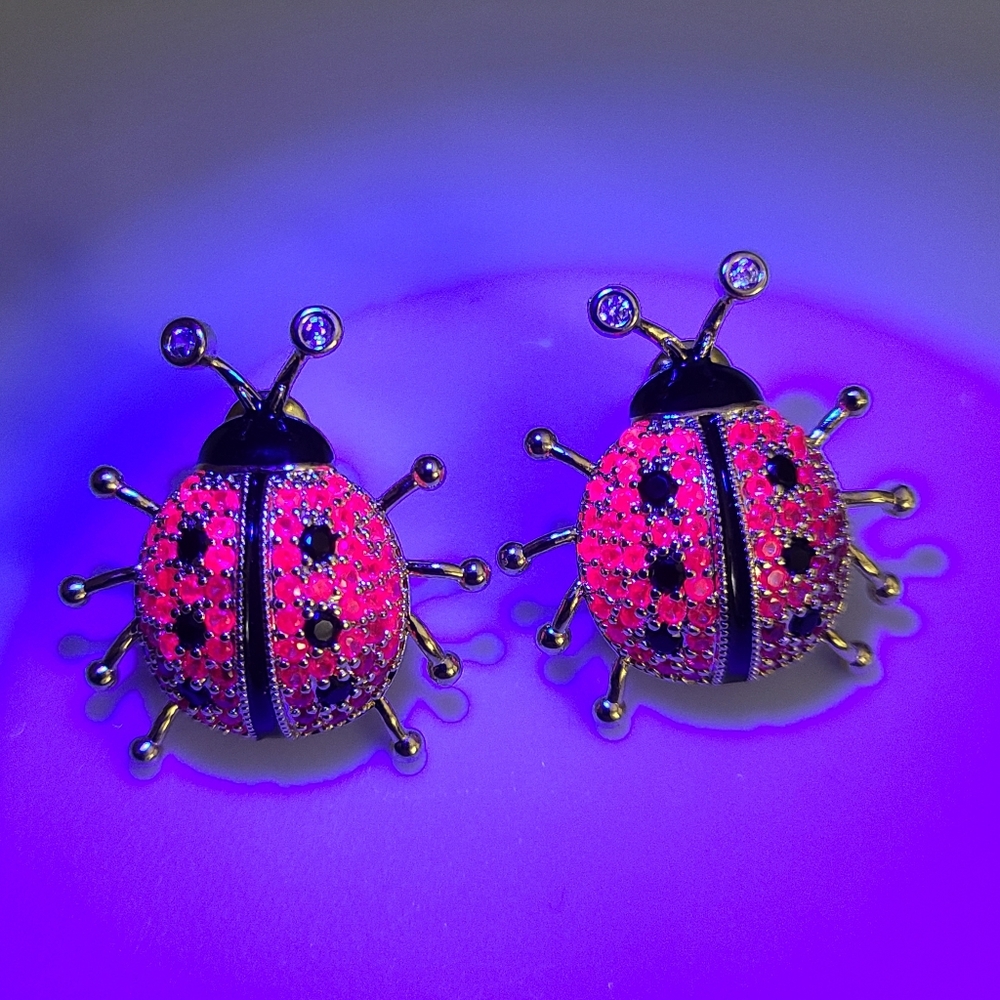 Ladybug Earrings Ruby Gemstones Gold  Pierced Studs Enamel Sparkly Sweet!